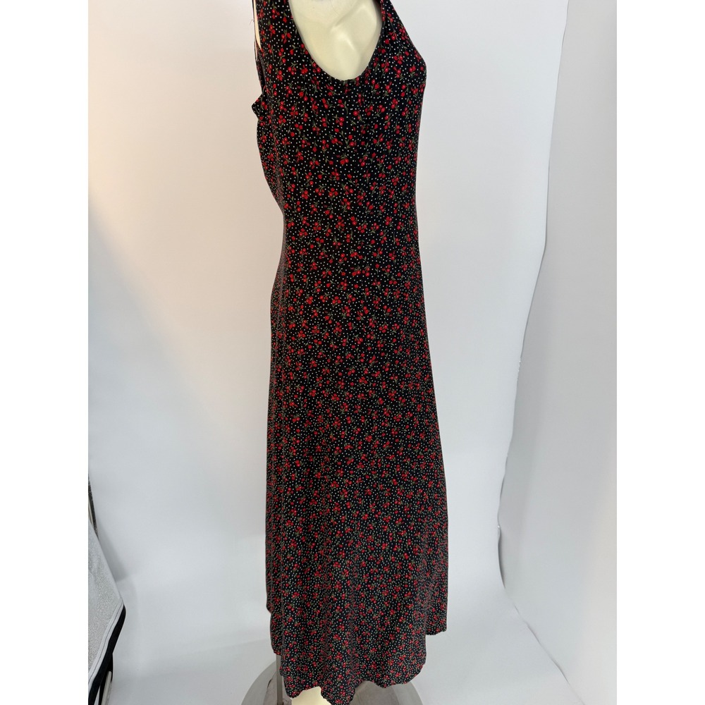 1990s Contempo Black Floral Rayon Maxi Dress Open Cross Back Grunge 8 - Picture 3 of 11